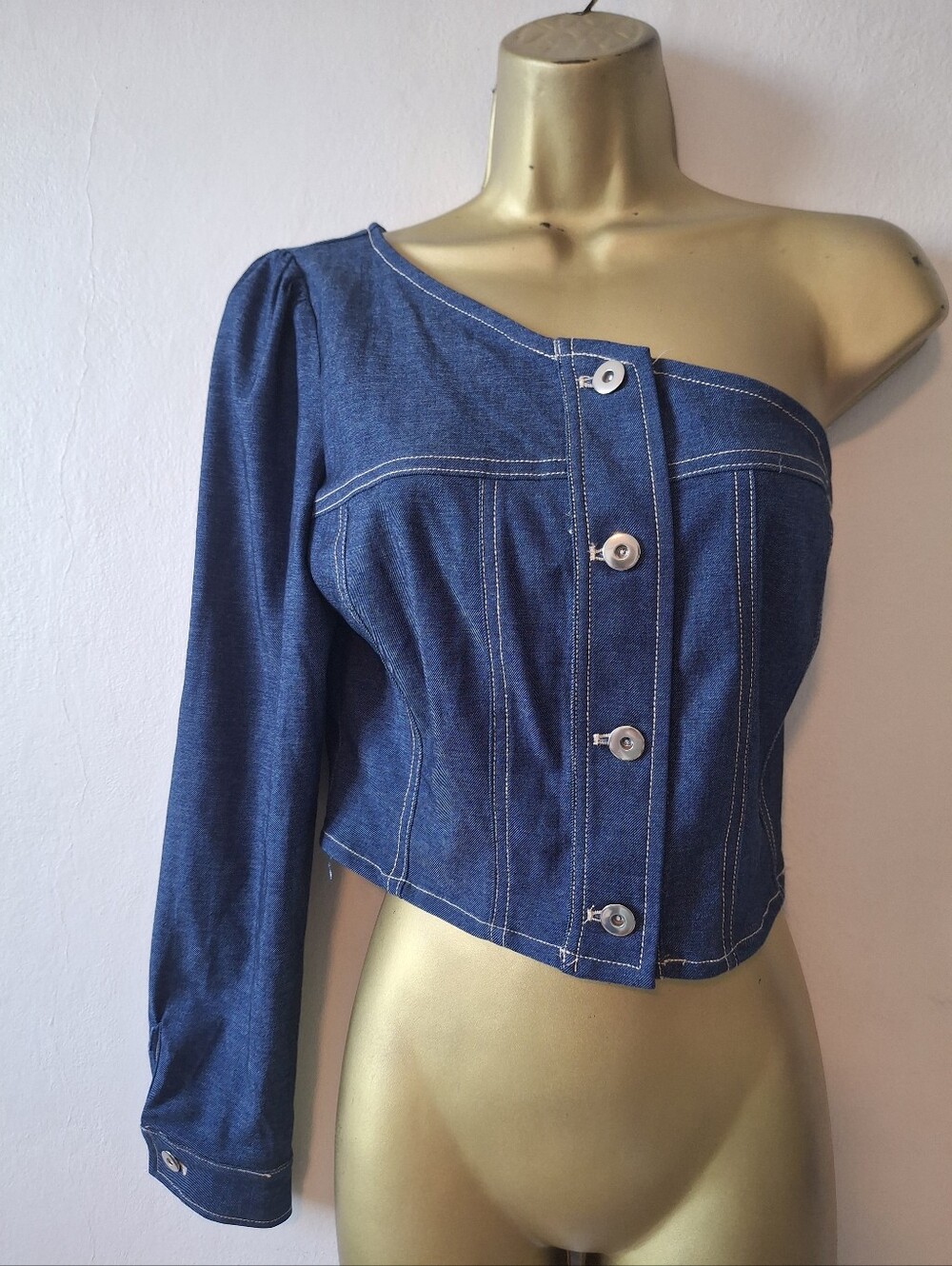 Denim One-Shoulder Button-Front Top - Blue